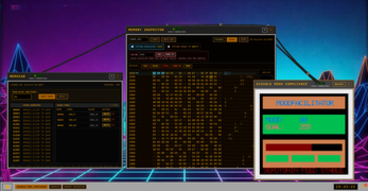 Ghost16 desktop with memory inspector, process list, and simulated phosphor feeder mission window