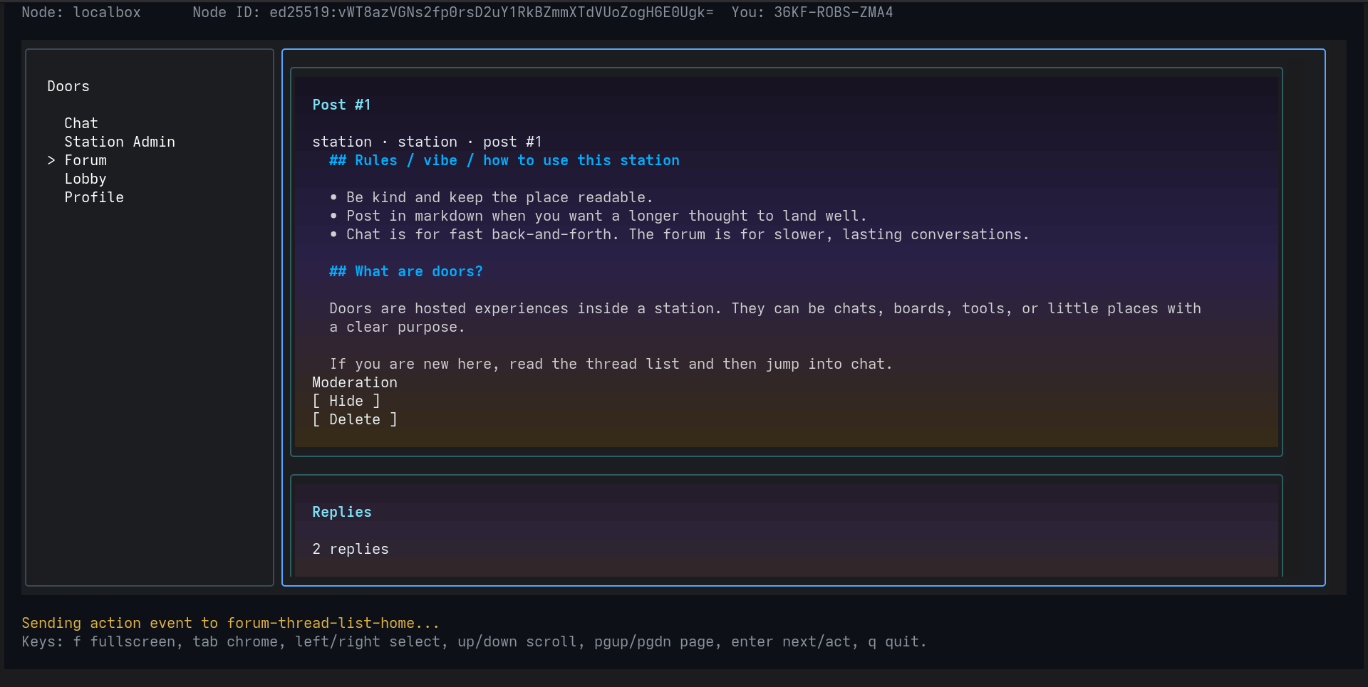 Forum thread view showing a post with markdown content, moderation actions, and replies